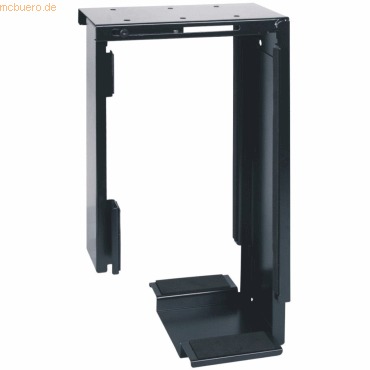 Black metal computer holder with an open frame design, featuring adjustable width and height, suitable for desktop use, providing ergonomic support for monitors.