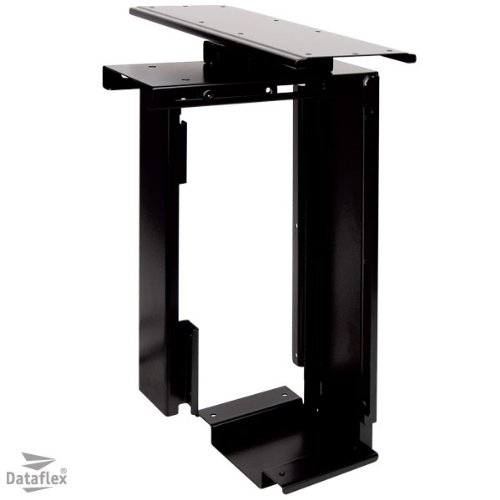 Black metal computer holder with adjustable top shelf, designed for desk use, featuring a sturdy frame and open design for ventilation and accessibility.