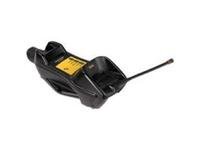 Black Datalogic BC9180 scanner cradle with a yellow label, featuring a sleek design and an antenna, designed for efficient barcode scanning and charging.