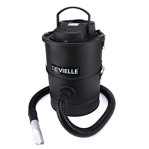 Black 25L ash vacuum cleaner with a cylindrical design, featuring a sturdy handle, flexible hose, and a prominent "De Vielle" logo on the front.