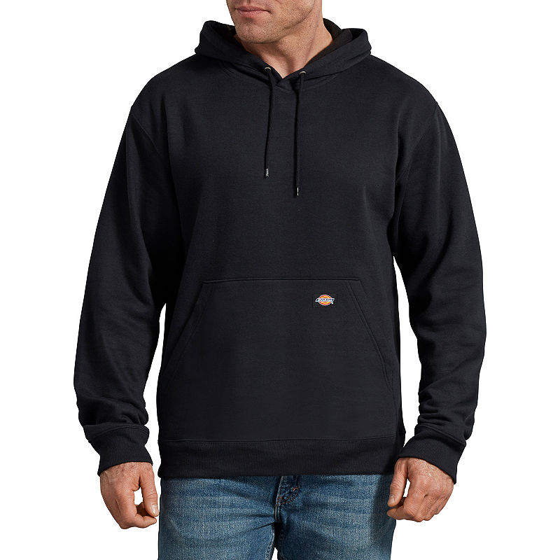 Black fleece pullover hoodie featuring a drawstring hood, front kangaroo pocket, and a small Dickies logo on the chest, worn with blue jeans.