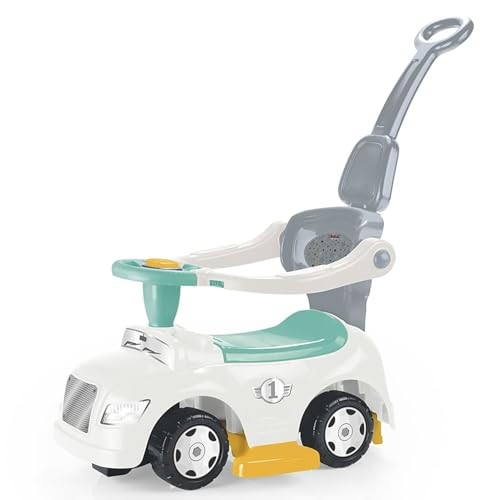 A white plastic ride-on car with a turquoise seat and steering wheel, featuring a yellow base and a grey push handle, designed for toddlers.