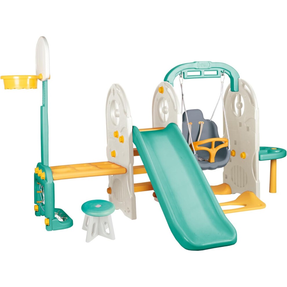 Colorful 7-in-1 playground set featuring a green slide, swing with a gray seat, yellow bench, basketball hoop, and a small stool, made from durable plastic.
