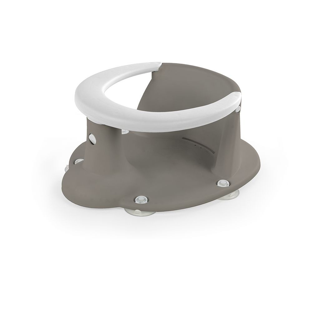 Stone grey baby bath seat with a white curved backrest, made of durable plastic, featuring suction cups for stability and a rounded design for safety.