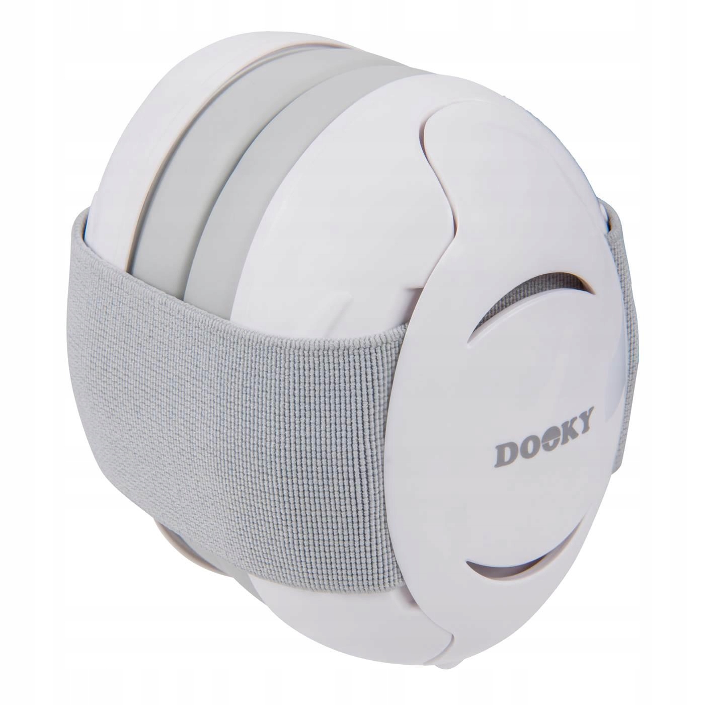 White earmuffs for infants and toddlers with a soft gray adjustable strap, designed to reduce noise, featuring a comfortable fit and a sleek, modern design.