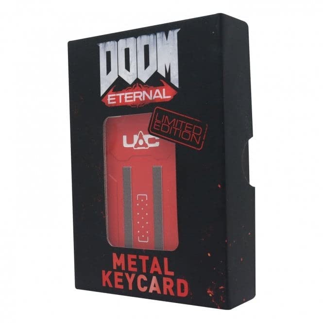 Limited edition UAC keycard collection from Doom Eternal, featuring a vibrant red metal keycard displayed in a black box with bold white and red branding.