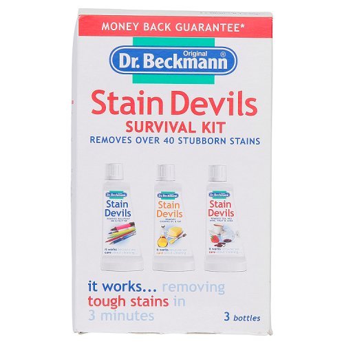 Dr. Beckmann's Stain Devils Kit features three tubes (two 50ml and one 50g) in a white box, highlighting stain removal effectiveness with colorful labels and a money-back guarantee.