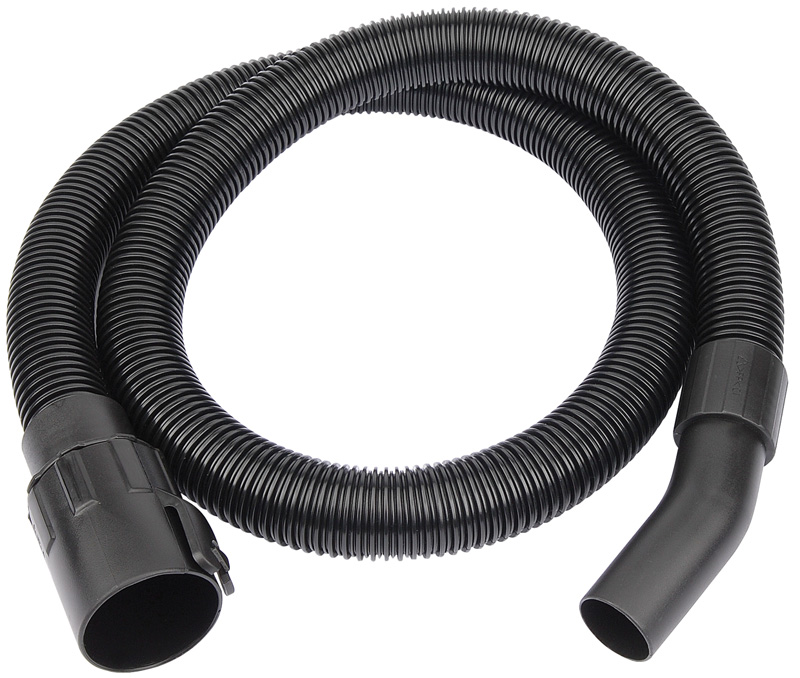 Flexible 1.5M black hose with a ribbed texture, featuring two ends: one straight and one angled, designed for use with Draper WDV15A and WDV20ASS models.