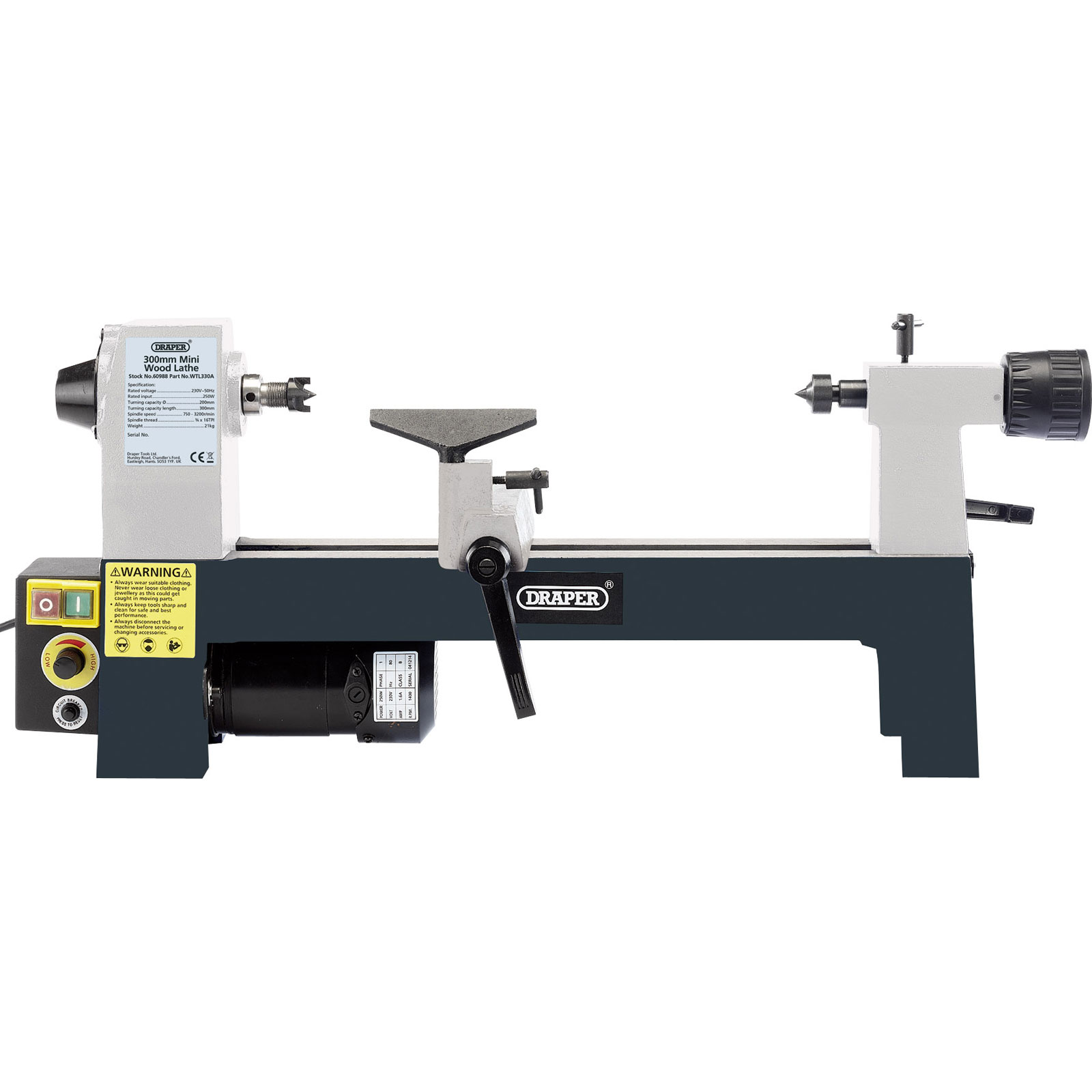 Draper 60988 variable speed mini wood lathe in black and silver, featuring a motor, adjustable speed control, and a sturdy base for woodworking projects.