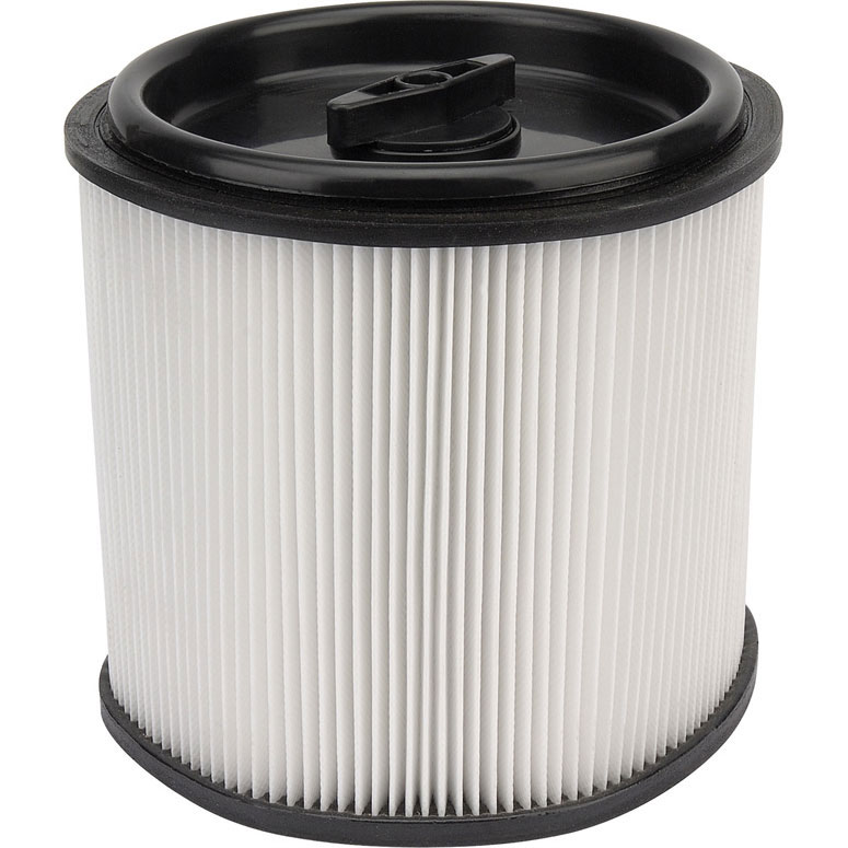 Draper Cartridge Filter for WDV18 features a cylindrical design with a black top and a pleated white filter material, ideal for efficient dust and debris filtration.