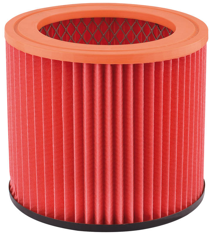 Red pleated filter assembly with an orange top and black base, featuring a metal mesh grid for support and designed for efficient air filtration.