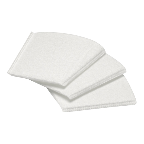 Three white filter bags made of soft fabric, designed for the Draper D20 20V vacuum cleaner, featuring a curved shape and stitched edges for secure fit.