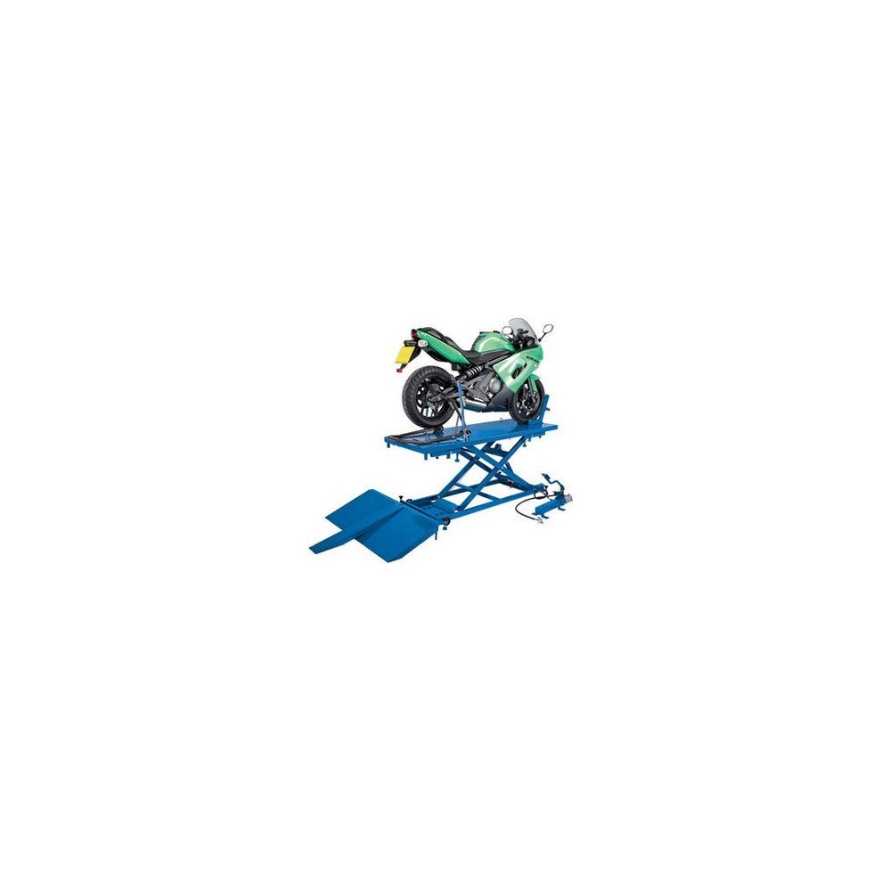 Blue pneumatic/hydraulic motorcycle lift with a green motorcycle on it, featuring a sturdy metal frame and adjustable ramp for easy access.
