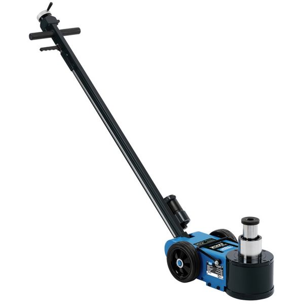 Blue and black Draper Expert 02079 pneumatic jack with a long handle, rubber wheels, and a sturdy base designed for lifting up to 40 tonnes.