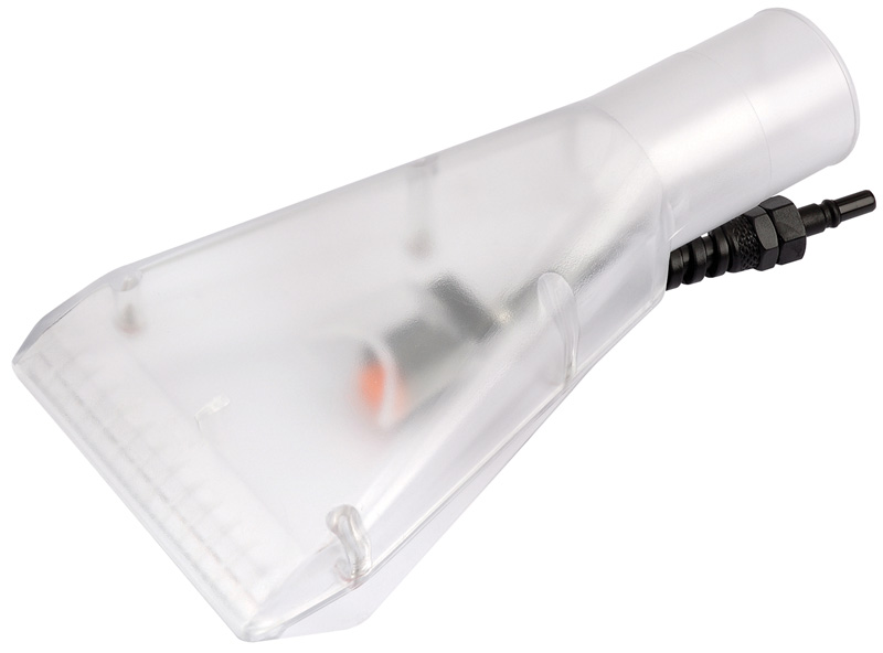 Clear plastic upholstery nozzle with a wide, angled tip and a textured edge, designed for use with the Draper SWD1100A shampoo machine, featuring a black connector.