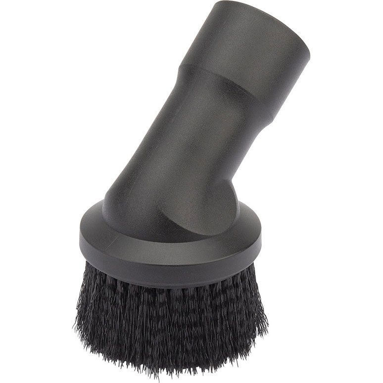 Black upholstery brush with a curved handle and dense bristles, designed for use with the Draper WDV18 vacuum cleaner.