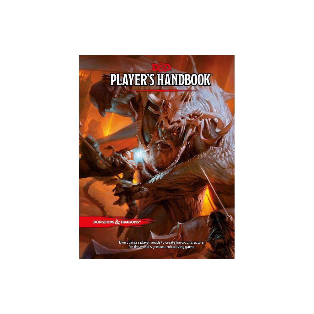 The cover features a fierce, armored warrior battling a large, monstrous creature, with a vibrant orange and red background; the title "Player's Handbook" is prominently displayed at the top.