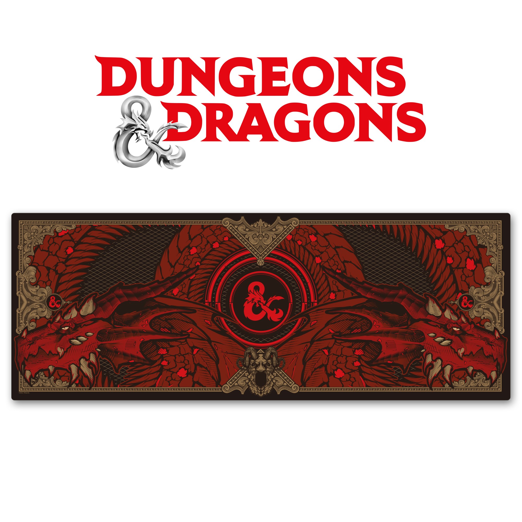 A large desk pad featuring intricate red and black dragon artwork, with a central Dungeons & Dragons logo, accompanied by matching coasters.