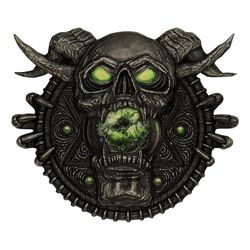 Limited Edition Talisman of Ultimate Evil Medallion featuring a detailed skull with green eyes, horns, and a glowing green orb, set against an intricate dark metallic background.