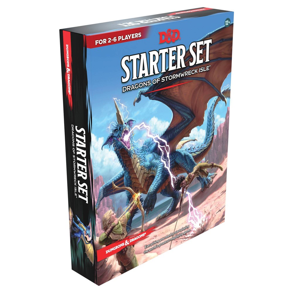 Dungeons & Dragons Starter Set: Dragons of Stormwreck Isle features a colorful box with a blue dragon, stormy background, and bold red text, designed for 2-6 players.