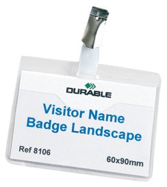 Clear plastic visitor name badge measuring 60x90mm, featuring a metal clip, with "Visitor Name Badge Landscape" printed in blue text.