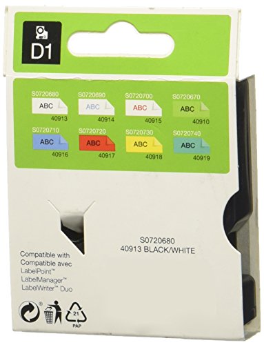 Dymo 40913 Original Label Tape in black on white, 9mm x 7m, packaged in a compact box featuring colorful label samples and compatibility details for various Dymo label printers.