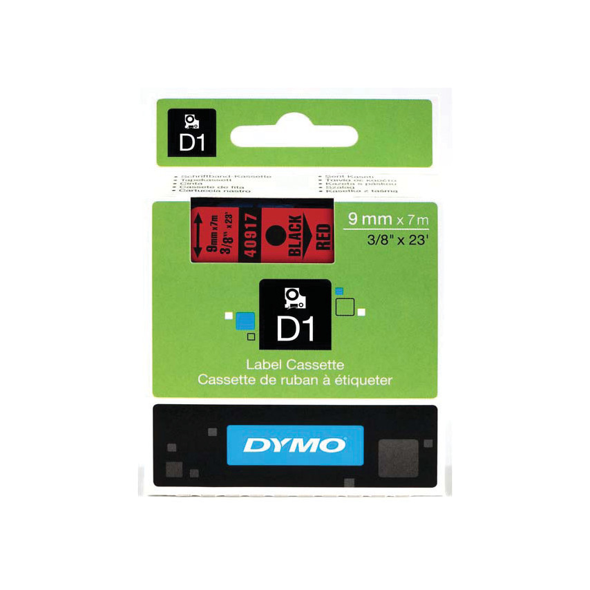 Dymo 40917 label tape in black on red, measuring 9mm x 7m, displayed in a green and black packaging with product details and branding prominently featured.