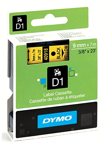 Dymo 40918 Original Label Tape in a green and black package, featuring a yellow label with black text, measuring 9mm x 7m, designed for D1 label makers.