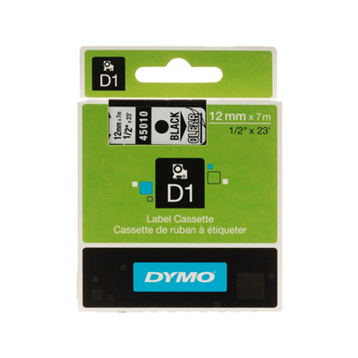 Black on clear label tape cassette, measuring 12mm x 7m, packaged in a green and white box with D1 branding and product details prominently displayed.