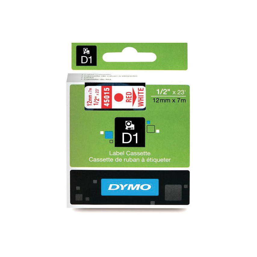 Dymo 45015 label tape in a green and white box, featuring red text on a white background, measuring 12mm x 7m, with a clear label indicating product details.