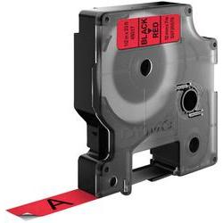 Dymo label printer tape in black on red, featuring a 7-meter length and 12 mm width, housed in a black plastic cartridge with a visible label exit.