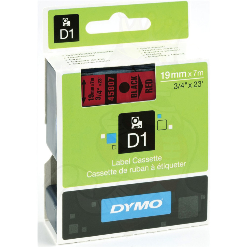 Dymo 45807 label tape in a compact box, featuring a black and red design, measuring 19mm x 7m, with clear labeling on the packaging.