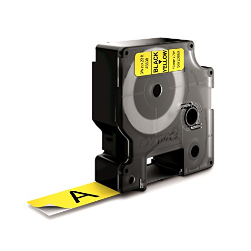 Dymo 45808 label tape cartridge in black and yellow, measuring 19mm x 7m, with a visible yellow label featuring the letter "A" and a sturdy black plastic casing.