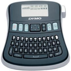 Compact black and gray DYMO LabelManager 210D label maker featuring a QWERTY keyboard, LCD display, and navigation buttons for easy label creation.