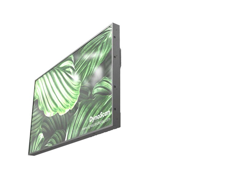 DynaScan DS431LT4 digital signage display features a sleek black frame with a vibrant green leaf design on the screen, measuring 109.2 cm diagonally.
