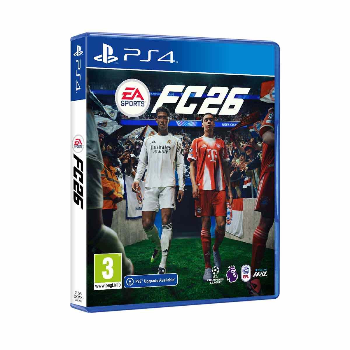 EA Sports FC 26 for PlayStation 4 features a blue case with a prominent logo, showcasing two football players in dynamic poses against a stadium backdrop.