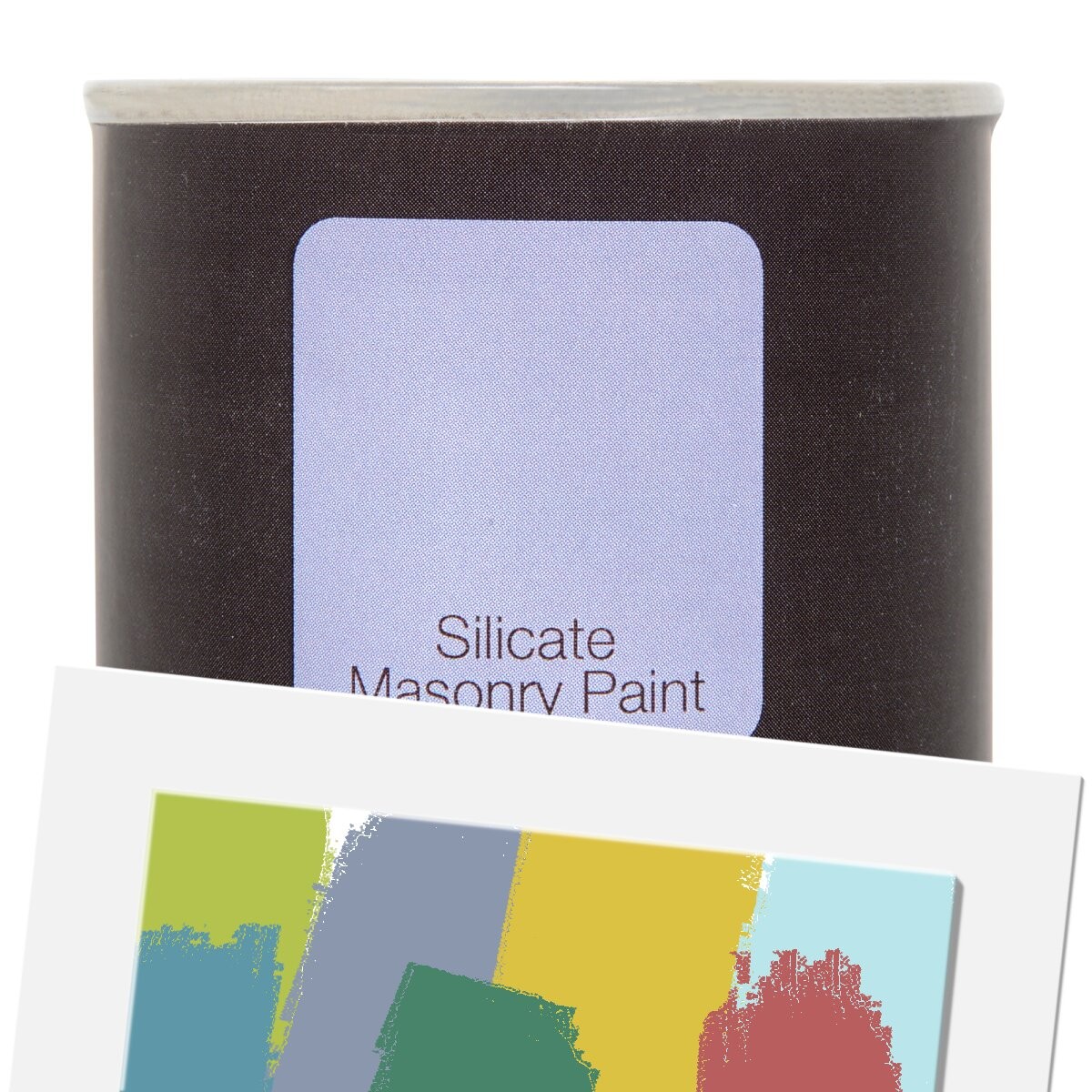 Earthborn Silicate Masonry Paint in Nutmeg, 100ml tin with a dark label and light blue square, accompanied by a color swatch featuring various paint strokes.
