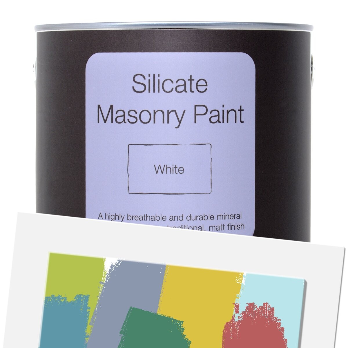 Earthborn Silicate Masonry Paint in a 2.5L tin, featuring a dark brown label with a light purple section, showcasing a matte finish and color swatches in muted tones.