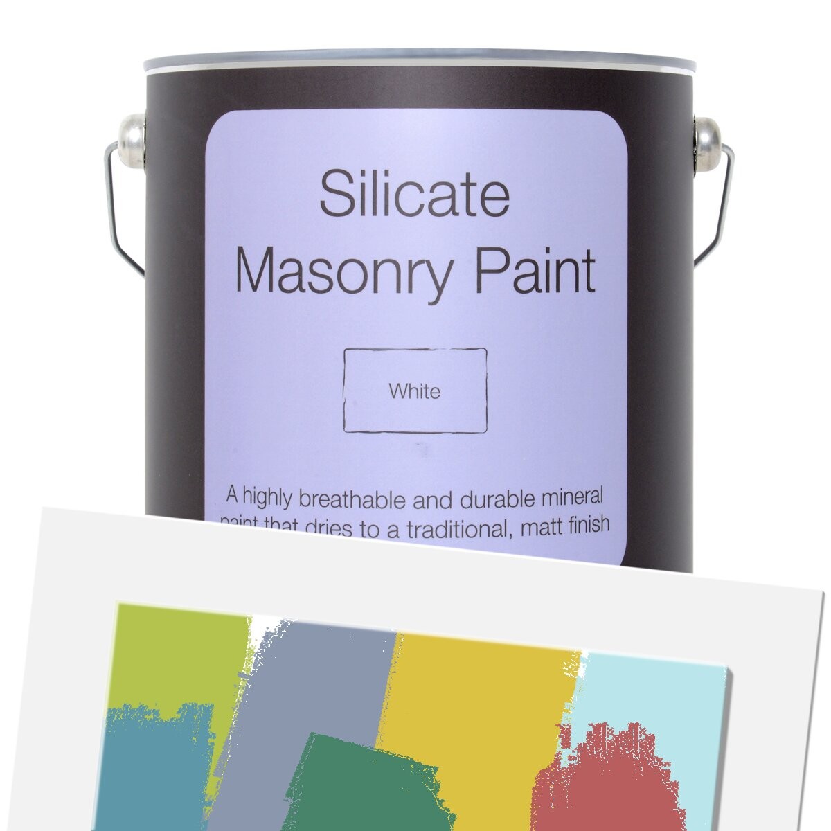 Earthborn Silicate Masonry Paint in a 5L black container with a light purple label, featuring a description and swatches of various colors on a white background.