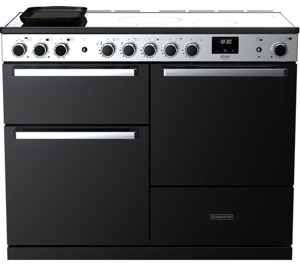 Black glass and chrome 100cm Rangemaster Edge Deluxe induction cooker featuring four cooking zones, a digital display, and two spacious ovens with sleek handles.