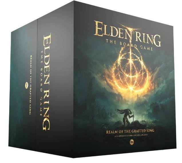 Elden Ring: The Board Game box featuring a dark, mystical design with gold lettering, a dramatic cloud background, and an emblematic symbol, titled "Realm of the Grafted King."