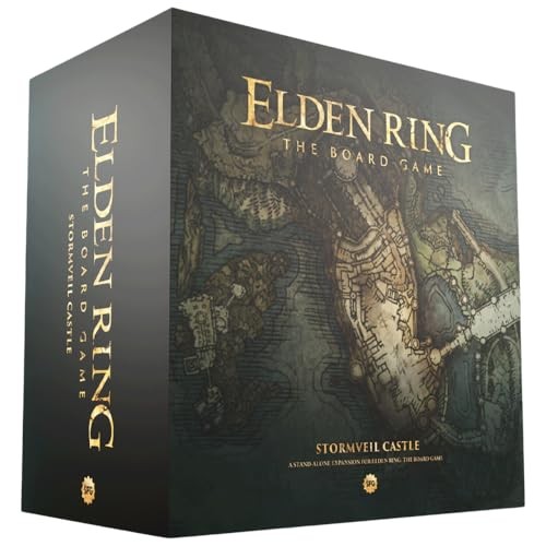 Elden Ring: The Board Game - Stormveil Castle box features a dark design with gold lettering and a detailed map illustration on the front, showcasing the game's fantasy theme.