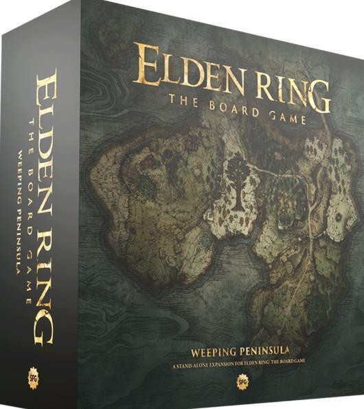 Elden Ring: The Board Game - Weeping Peninsula box features a dark green and gold design with a detailed map of the Weeping Peninsula on the front, showcasing intricate terrain features.