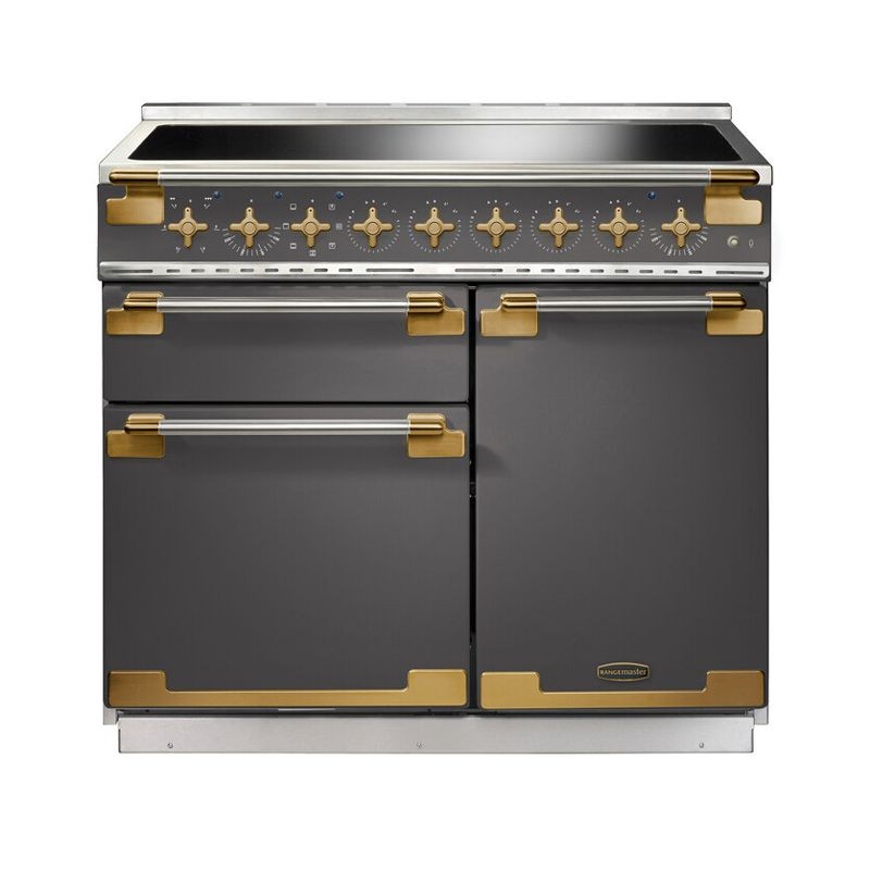 Slate-colored ELISE 100cm induction range cooker features a smooth top with six control knobs, two gold-accented doors, and a stainless steel trim.