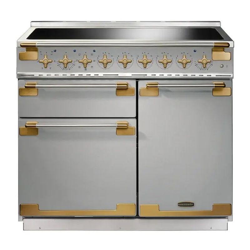 Stainless steel ELISE 100cm induction range cooker features a sleek design with gold accents, seven control knobs, and two spacious ovens.