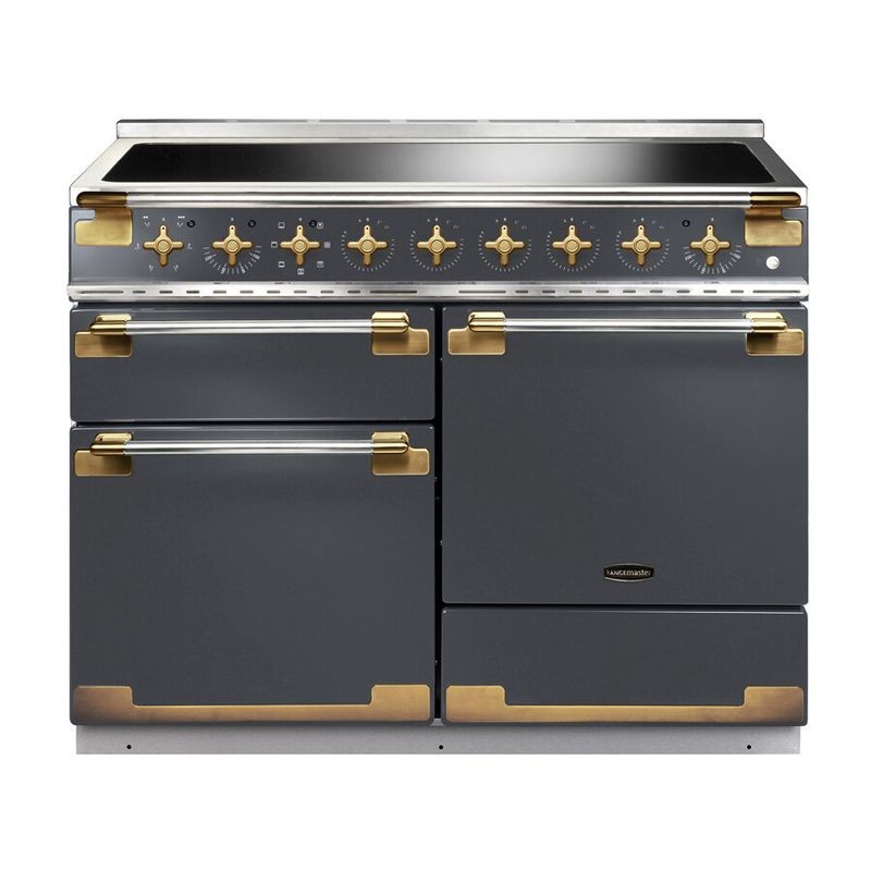 Slate-colored ELISE 110cm Induction Range Cooker by Rangemaster features a sleek design with brass knobs, two ovens, and a smooth induction cooktop.