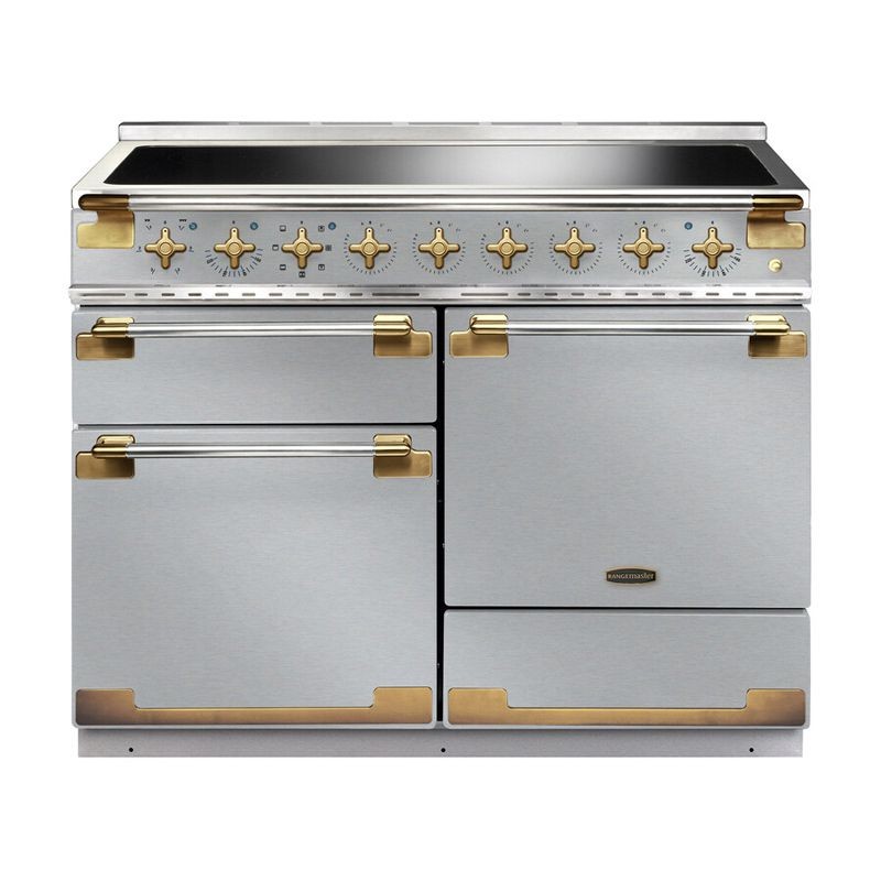 Stainless steel ELISE 110cm induction range cooker features a sleek design with brass accents, multiple knobs, and two spacious oven compartments.