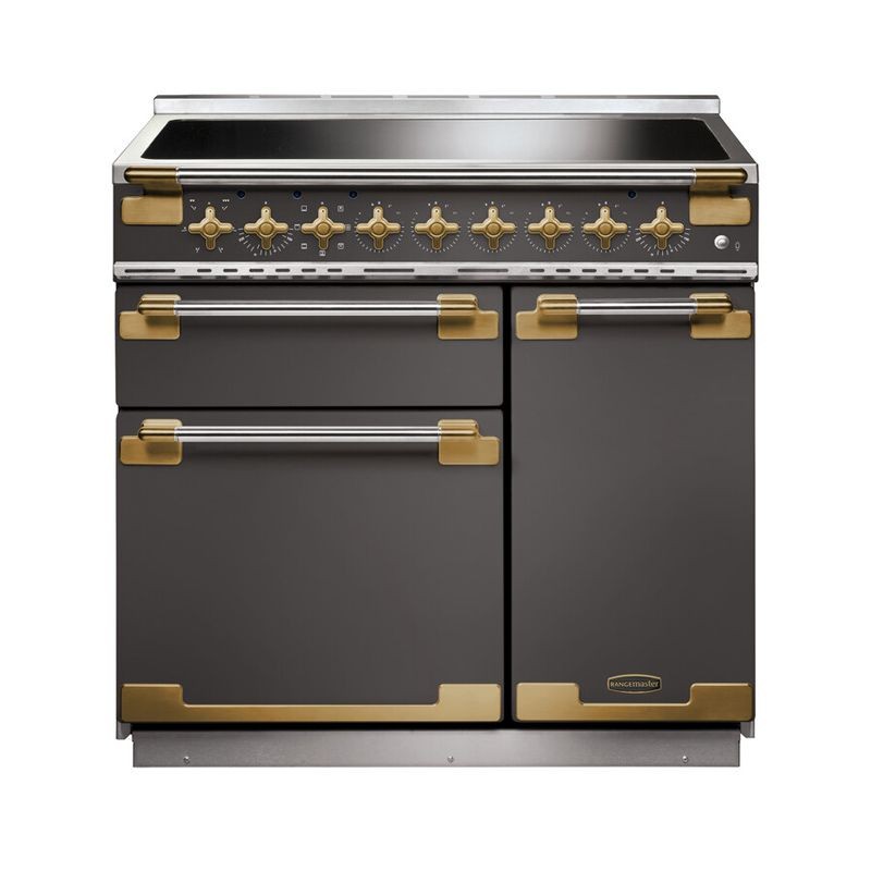 Slate-colored ELISE 90cm induction range cooker with a sleek design, featuring brass knobs and handles, dual ovens, and a smooth induction cooktop.