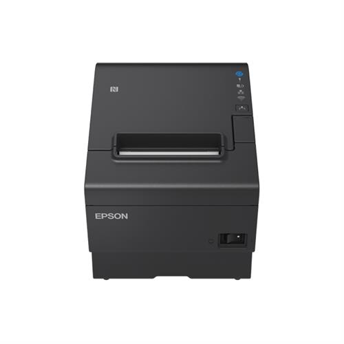 Compact black thermal POS printer with a sleek design, featuring a top paper slot, control buttons, and connectivity options for wired and wireless use.