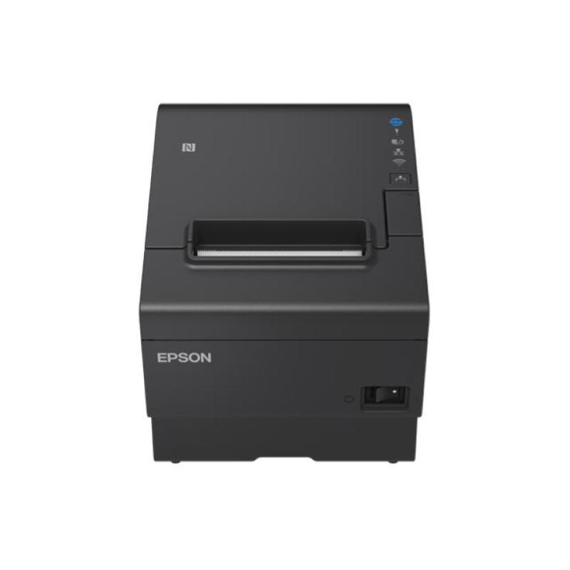 Compact black thermal POS printer with a sleek design, featuring a paper output slot, control buttons, and connectivity options for wired and wireless use.